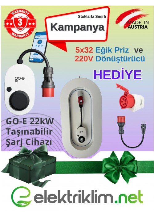 GO-E Charger Gemini Flex 22 kW Mobil Şarj Cihazı Alana 220V Dönüştürücü ve 5x32 Eğik Duvar Prizi Hediye