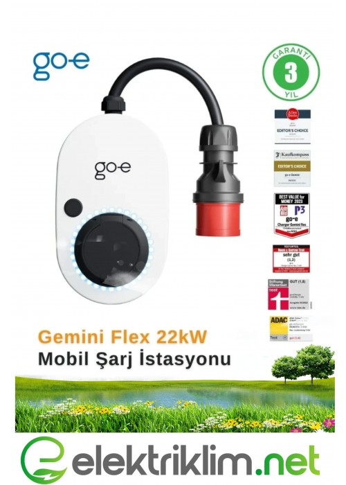 GO-E Charger Gemini Flex 22 kW Mobil Şarj Cihazı Alana 220V Dönüştürücü ve 5x32 Eğik Duvar Prizi Hediye