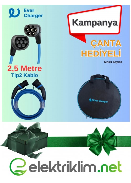 Ever Charger 2.5 Metre Tip 2 Kablo Alana Yuvarlak Çanta HEDİYE