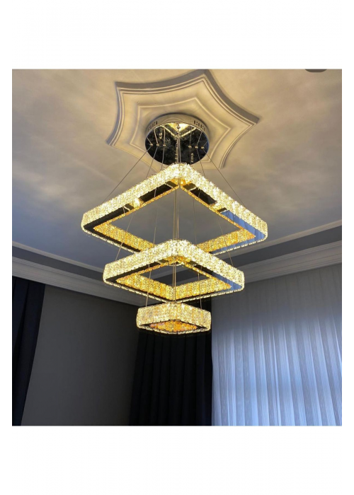 Kristal Kumandalı Krom - Gold 3 Renk Işıklı Led Avize