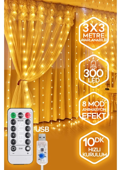 300 Ledli 10 Saçaklı Sarı Kumandalı 8 Modlu Perde peri Led