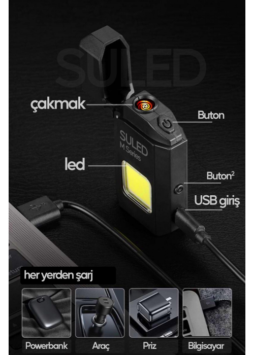 Şarjlı Çakmak USB Şarjlı LED Fener M Serisi Kamp Çakmağı COB Led CE Rüzgardan Etkilenmez