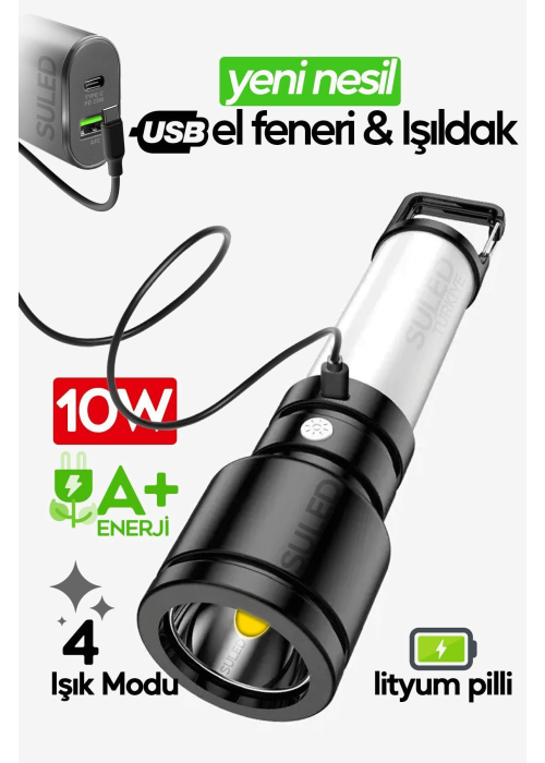 USB Şarjlı El Feneri ve Kamp Lambası 4 Modlu 10W A+ Led Işık Outdoor Askı Aparatlı Lityum Pilli