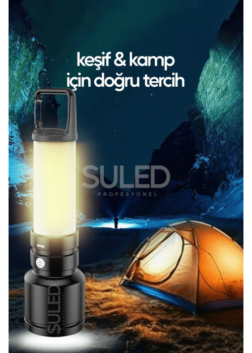 USB Şarjlı El Feneri ve Kamp Lambası 4 Modlu 10W A+ Led Işık Outdoor Askı Aparatlı Lityum Pilli