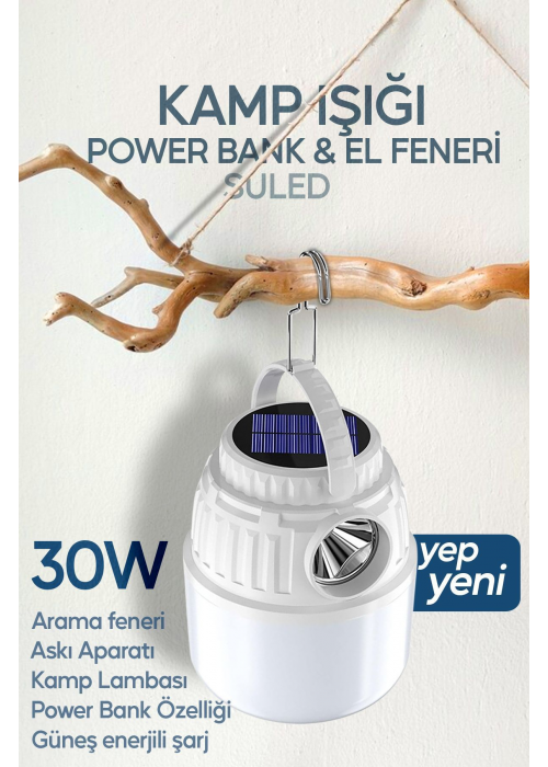 Kamp Lambası Solar Şarjlı El Feneri USB Type-C Şarj Çıkışlı Power Bank Özellikli Lithium 30W Askılı