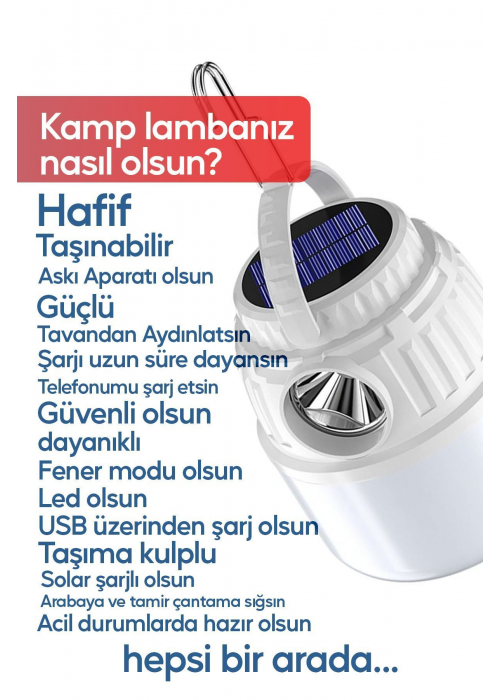 Kamp Lambası Solar Şarjlı El Feneri USB Type-C Şarj Çıkışlı Power Bank Özellikli Lithium 30W Askılı