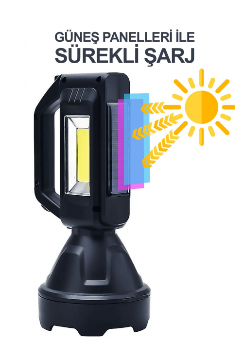 Şarjlı Led El Feneri Solar Şarjlı USB Power Bank Özellikli Multi Fonksiyonlu Kamp Lambası